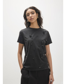 T-shirt noir col rond à strass femme Lola Casademunt