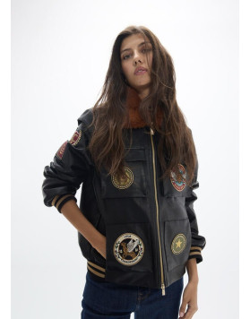 Veste courte effet cuir noire à patchs femme Lola Casademunt