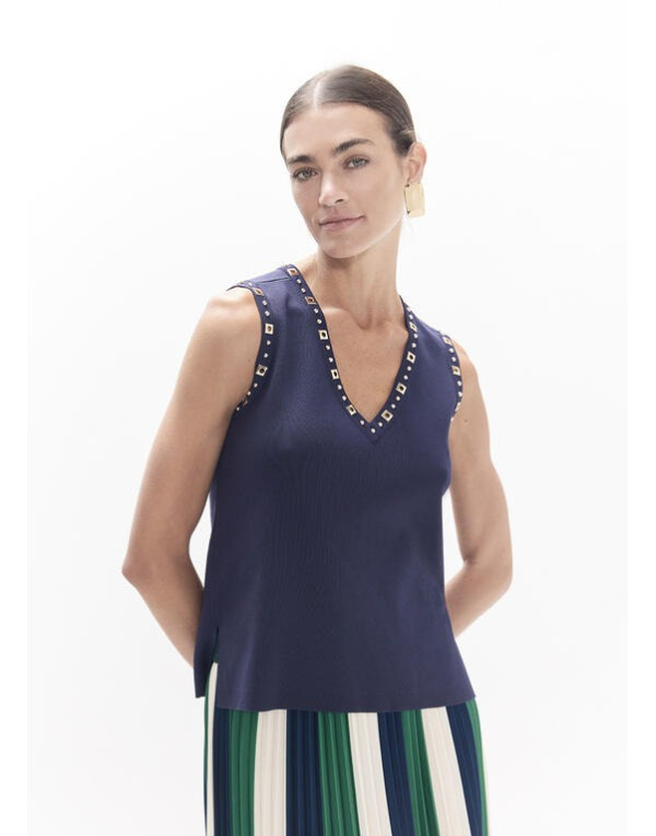 Top bleu marine col V clouté Lola Casademunt