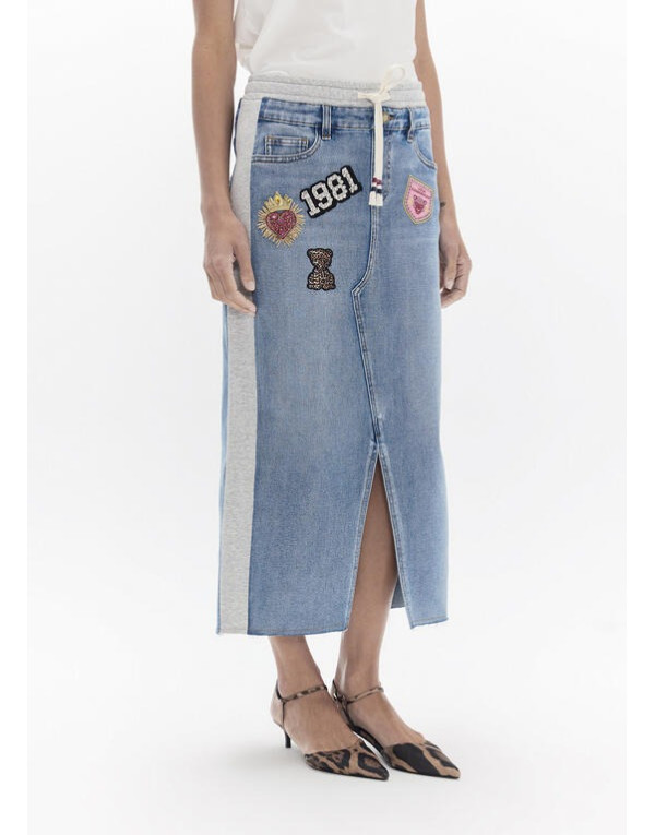 Jupe longue denim et jersey à patches Lola Casademunt femme